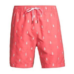 NWT Onia Men's Charles Embroidered Pineapple Swim Trunks Mid-Length Coral S